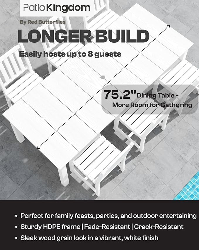 9-Piece Outdoor Dining Set with 11FT Umbrella for 8,White | 75.2'' HDPE table, chairs included, weather-resistant furniture with hole, ideal for lawn, poolside, yard, garden, deck