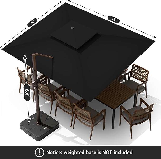 10 X 13 FT Cantilever Outdoor Patio Umbrella with LED Lights Large Heavy Duty 360° Rotation Double Top Offset Rectangular Umbrellas for Backyard Garden Pool Outside Deck, Black