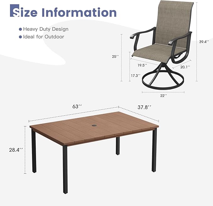 VICLLAX 7 Pieces Patio Dining Set, Patio Furniture Set of 6 Patio Swivel Dining Chairs and Rectangular Patio Table, Mixed Brown Chairs & Walnut Tabletop