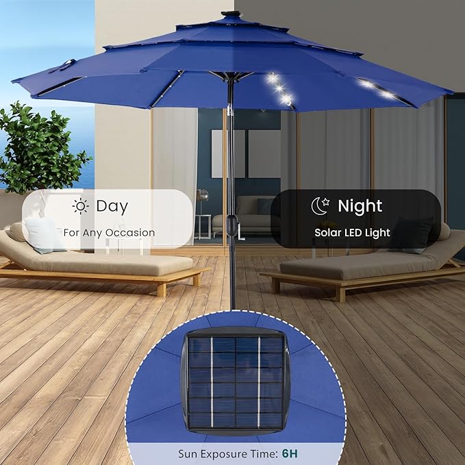 DUMOS 10FT 3 Tier Patio Umbrella with 32 LED Lights, Outdoor Patio Umbrella with Crank, Table Umbrellas 8 Sturdy Ribs for Pool, Market, Terrace, Beach, Outdoor Restaurant, Blue