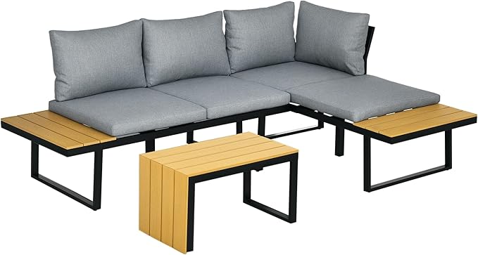 Outsunny 3 Piece Patio Furniture Set with Cushions, Aluminum Frame Outdoor Conversation Sofa Set w/Two Loveseats and Wood Grain Plastic Top Coffee Table/Side Table, Dark Gray