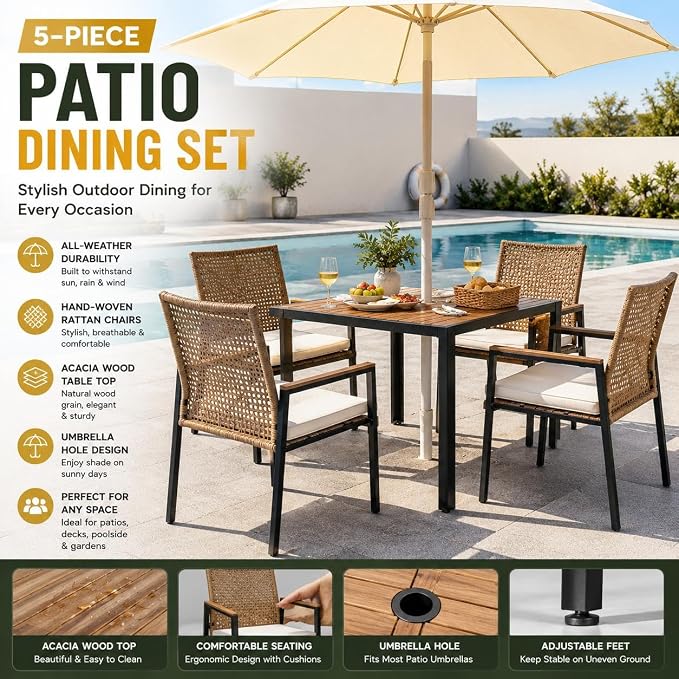 Outdoor Rattan 5 Piece Patio Dining Table Set Yellow Cushions Acacia Wood Top with Umbrella Hole All Weather 43 Inches for Backyard Deck Poolside Summer BBQ Essentials Aesthetic Backyard