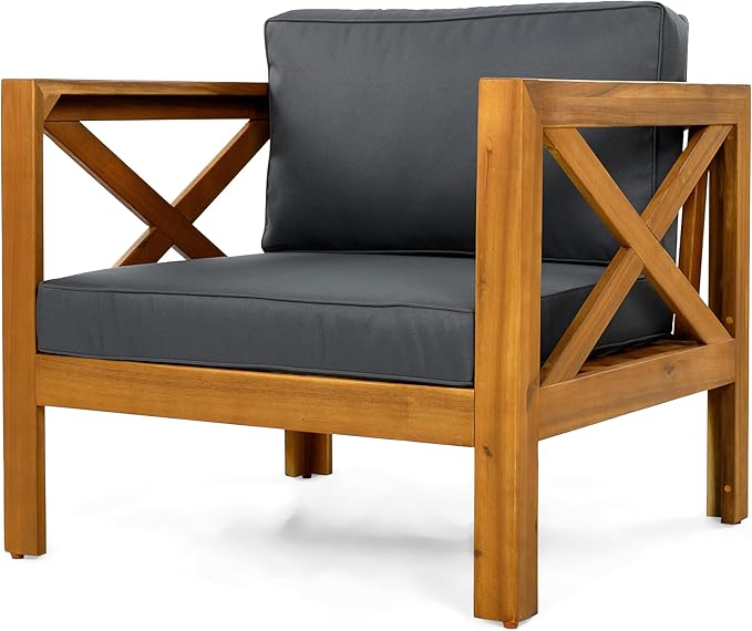 Christopher Knight Home Lucy Acacia Wood Outdoor Patio Furniture Set, 3 Pieces Patio Set, Round Side Table and ArmChairs Conversation Set with Cushion for Garden Lawn Balcony, Dark Gray + Light Teak
