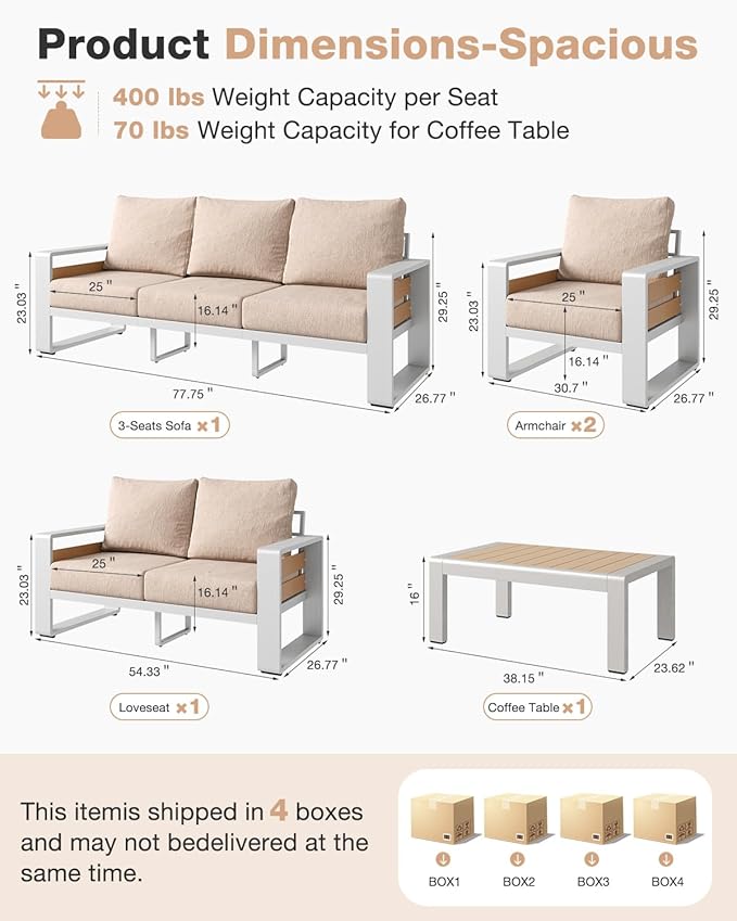 Aoxun Aluminum Patio Furniture Set, 5 Piece Luxury Outdoor Sectional with 6" Olefin Fabric Cushions, Patio Conversation Sets with Coffee Table and Waterproof Cover for Backyard, Porch Beige