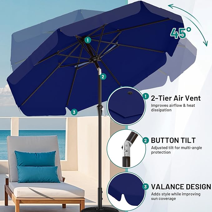 AreShark 9ft 2-Tier Patio Umbrella with Valance - Outdoor Umbrella Waterproof UV Protection, Market Table Umbrella w/Push Button Tilt&Crank for Pool, Porch, Garden(Navy)