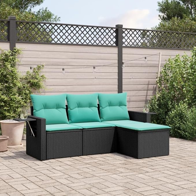 4-Piece Patio Sofa Set Black PE Rattan Outdoor Conversation Set with Removable Cushions, Modular Garden Furniture for Backyard Balcony Porch Includes Foldable Side Table & Storage