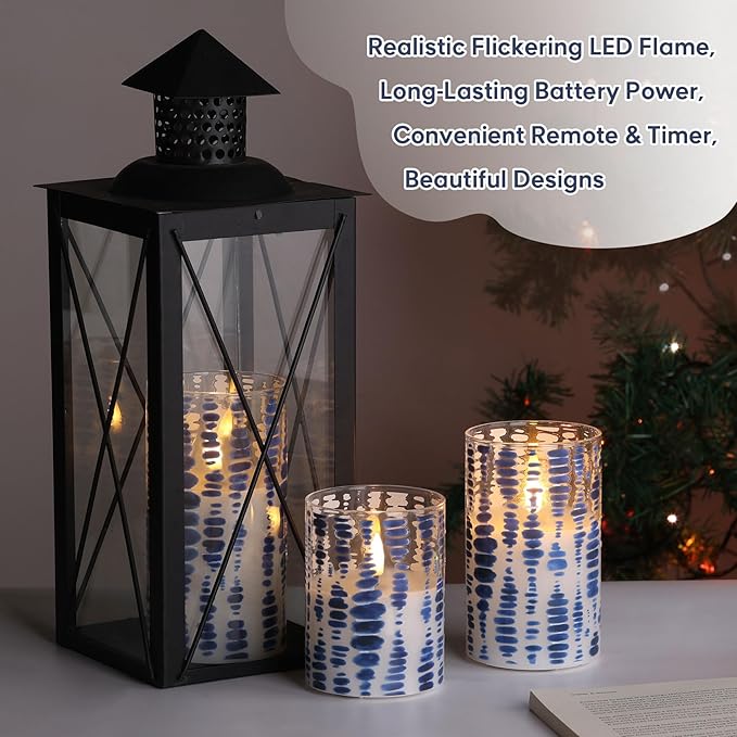 Eywamage Blue Dots Flameless Candles in Glass Jars, Flickering Battery LED Pillar Candles with Remote Set of 3