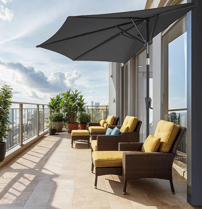 FLAME&SHADE 9ft Half Patio Umbrella - Half Outdoor Umbrella with Tilt UV Protection Waterprool, Half Round Table Umbrella for Wall Balcony, Pool, Porch, Garden, Deck, Market, Backyard (Anthracite)