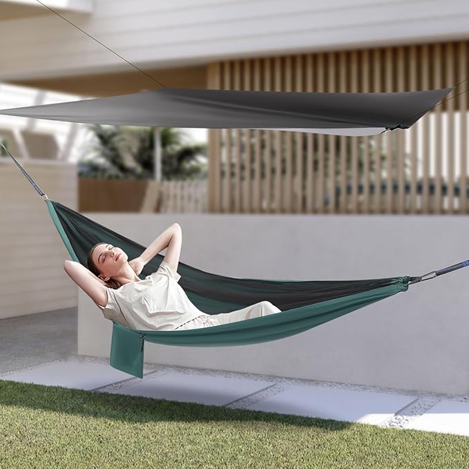 Camping Black Tarp 310 + Green Hammock 290x140, Hammock with Mosquito Net Tent and Rain Fly Tarp, for Backpacking and Travel, Suitable for Outdoor Adventures, Great for Hiking and Picnics