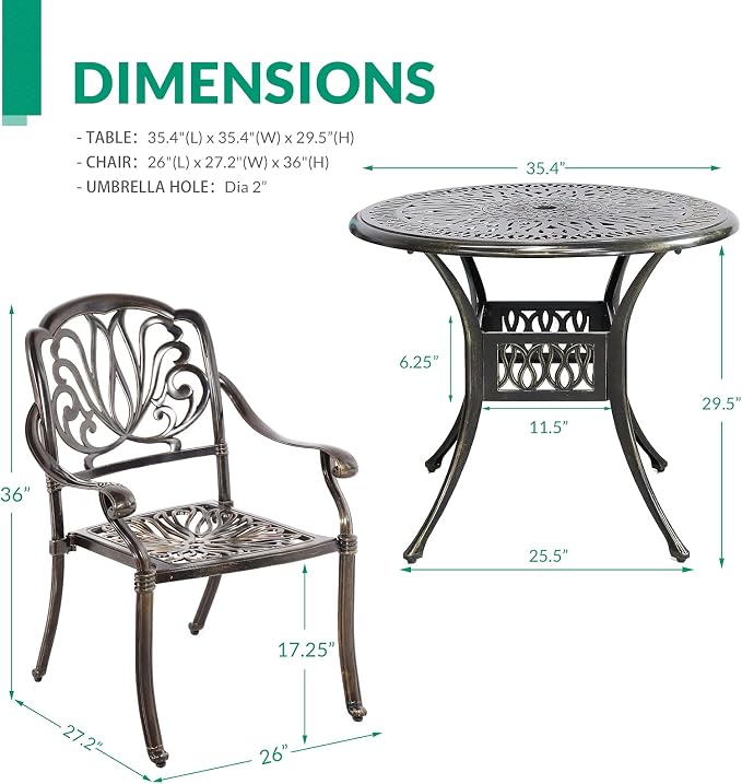 VIVIJASON 3-Piece Outdoor Patio Bistro Set, All-Weather Cast Aluminum Furniture Dining Sets Include 2 Chairs and 35.4" Round Table w/Umbrella Hole for Balcony, Lawn, Garden, Backyard