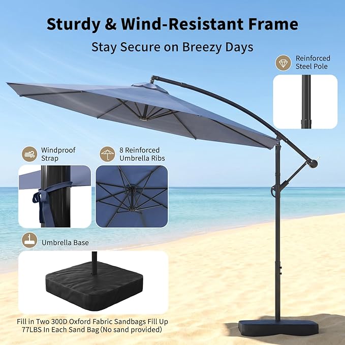 10ft Cantilever Offset Patio Umbrella with Base, Large Outdoor Patio Umbrella, 360° Rotation & Easy Tilt Adjustment, UV Protection Waterproof Patio Umbrellas for Backyard, Garden, Patio, Deck, Pool