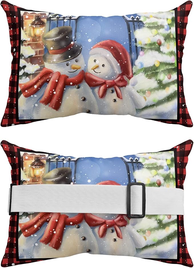 Outdoor Pillows Covers with Inserts Christmas Snowman Xmas Tree Buffalo Plaid Waterproof Recliner Pillow with Adjustable Strap Throw Pillows for Patio Furniture Pool Lounge Chair, 12x20 inch, 1PCS
