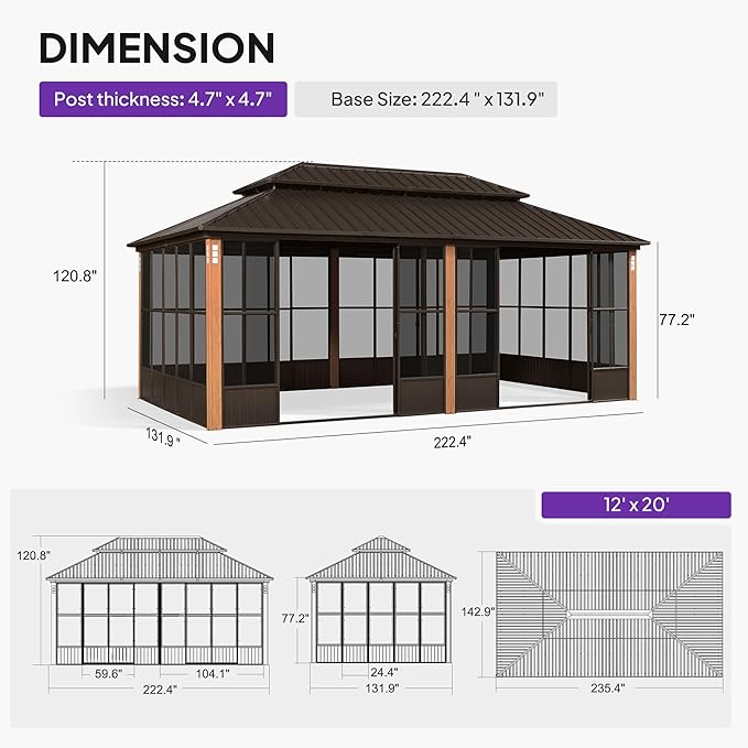 PURPLE LEAF 12' X 20' Outdoor Hardtop Gazebo with Galvanized Metal Roofs Patio Wood Grain Aluminum Frame with Screens and Doors for Deck Garden Bronze