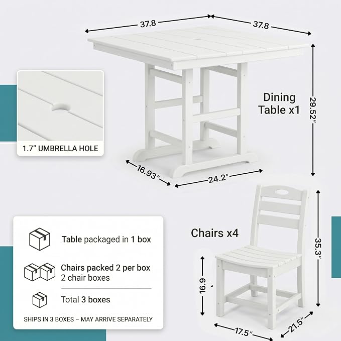 KEIKI 5-Piece HDPE Outdoor Dining Set with 4 Chairs for Porch Deck Yard All-Weather Durable Square Table Outdoor Furniture Compact Dining Maintenance Classic Bistro Set White