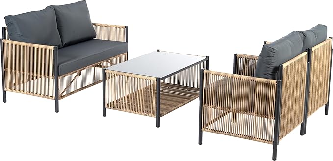 LUMISOL 4 Piece Patio Furniture Set, Outdoor PE Wicker Sofa Set with a Coffee Table and Removable Cushions, All Weather Patio Conversation Set for Patio, Garden, Backyard, Brown+Grey