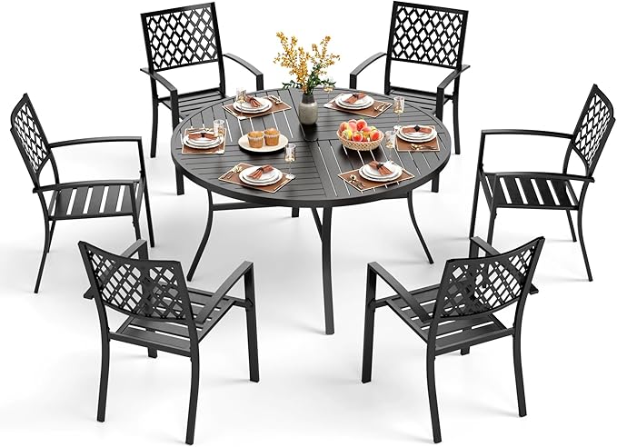 PHI VILLA 7 Pcs Outdoor Dining Set, 54" Round Table& Stackable Chairs | Wrought Iron Dining Table with Umbrella Hole,Ppatio Dining Furniture Set for Patio, Deck, Backard, Porch