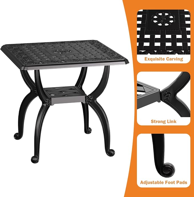 21" Patio Bistro Table, Cast Aluminum Side Table, Outdoor End Table for Garden/Yard/Pool/Porch, Black