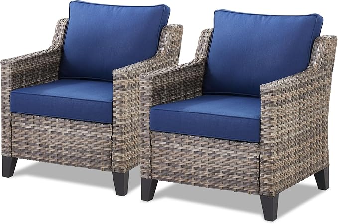 Patio Chairs Set of 2-All Weather Rattan Wicker Outdoor Chair with Thickened Cushions Outdoor Patio Chairs for Porch Deck Balcony Garden Grey/Blue