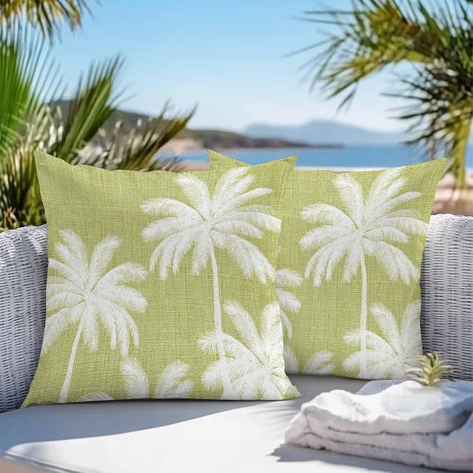 Outdoor Pillow Covers 26x26 Inch Set of 2, Yellow Palm Trees Waterproof Throw Pillow Covers, Farmhouse Tropical Summer Beach Decorative Cushion Pillowcases for Couch, Sofa, Bed, Garden, Patio