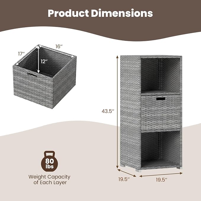Tangkula Rattan Outdoor Storage Cabinet, Patiojoy Outdoor Wicker Cabinet with 3 Shelves, 1 Removable Drawer, Patio Storage Deck Box for Backyard Poolside Porch