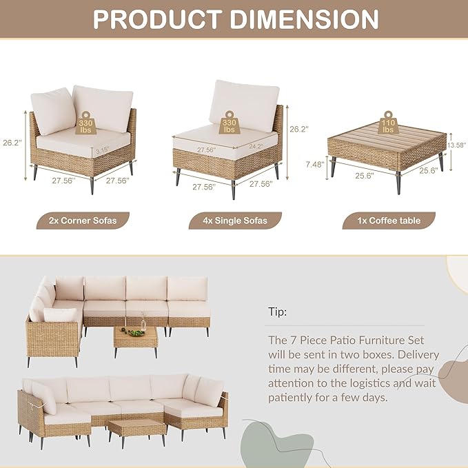 Outdoor Patio Furniture Set, 7 Piece Outdoor Sectional Sofa Wicker Patio Conversation Couch Set, All Weather PE Rattan Sofa with Table and Cushions for Garden, Poolside, Backyard (Beige)