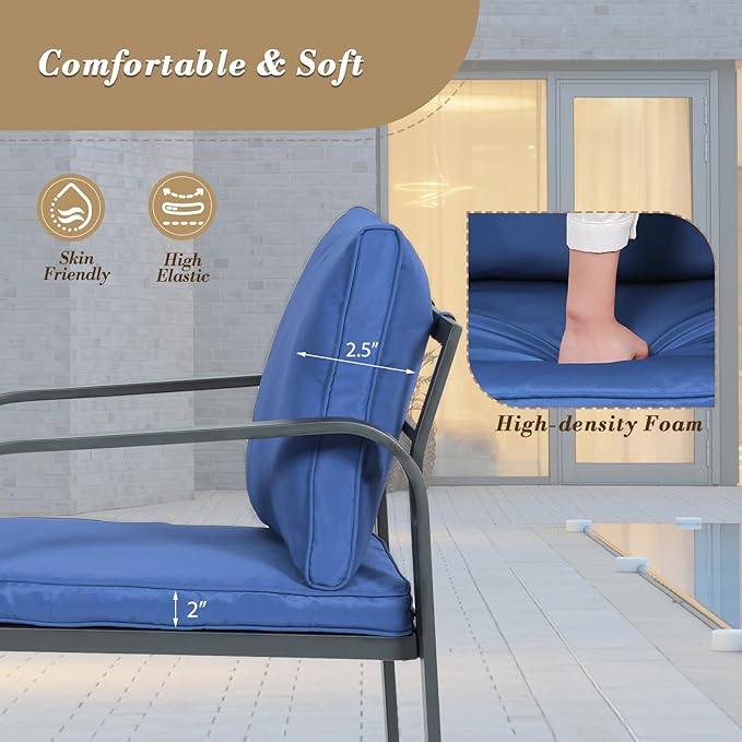 Athena Collection Patio Furniture Set 4 Pieces Outdoor Conversation Sets with Coffee Table & Cushions, All Weather Bistro Chairs Set for Balcony, Lawn, Garden, Poolside, Blue
