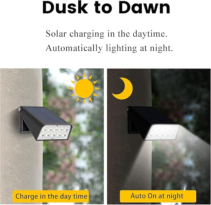 Patio Wall Light Solar Powered, Dusk-to-Dawn Deck Lights, 2-Mode 90° Rotatable, Outdoor Security Lights Waterproof, Solar Spotlight for Porch, Garage, Fence, 2-Pack