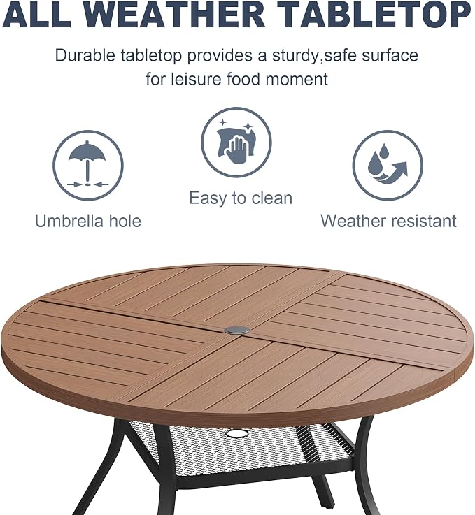 VICLLAX Patio 5 Pieces Outdoor Dining Set, 40.6" Round Metal Table with Umbrella Hole and Storage Shelf, 4 Swivel Textilene Chairs for Lawn, Garden, Porch, Walnut/Brown