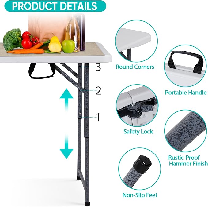 4 FT Folding Table, Fold in Half, Height Adjustable Heavy Duty Portable Plastic Table w/Handle for Picnic Party Camping Dining Indoor Outdoor, Lightweight White