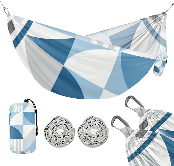 Geometric Blue Pattern Hammocks with Hanging Rope Tree Hammock for Outside Patio Backyard Poolside