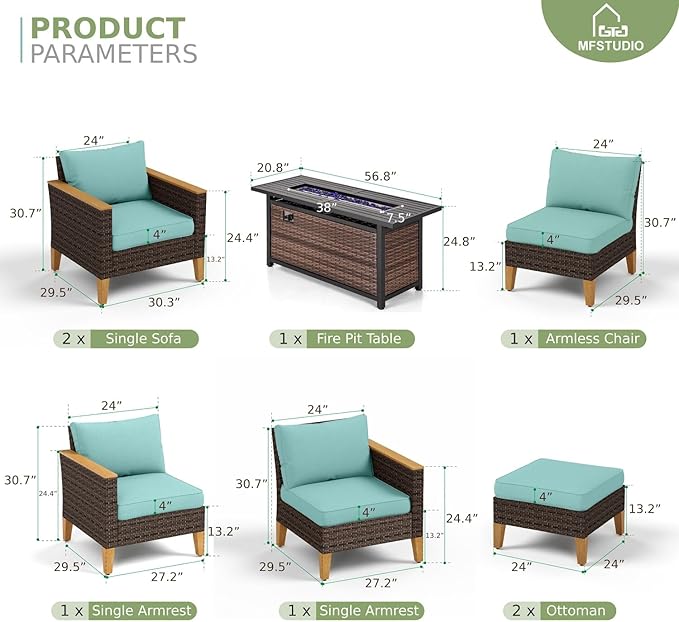 MFSTUDIO 7 Piece Wicker Patio Furniture Set with 56" Fire Pit Table, All-Weather PE Rattan Patio Sectional Sofa Conversation Set with 50000 BTU Fire Pit Table, Ottoman & Aqua Blue Cushion