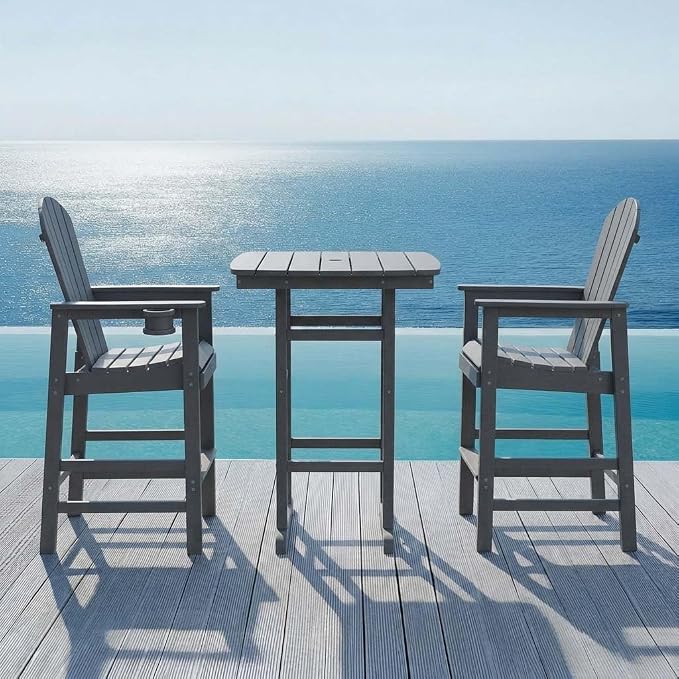 WILLIAMSPACE Height Patio Bar Table Set of 3, Outdoor Square Bar Table with Umbrella Hole, 2 Bar Stools with Cup Holders, 3-Piece All-Weather Outdoor Bistro Set for Kitchen Outside (Grey)