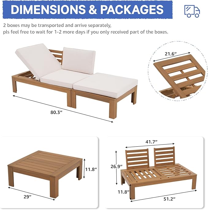 SUNSITT 2 Piece Acacia Wood Patio Furniture Outdoor Loveseat Sofa Set with Adjustable Armrest, FSC Certified L-Shaped Patio Set w/2-in-1 Coffee Table, Cream White Cushions for Garden