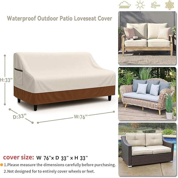 Waterproof Patio Loveseat Cover, 76W x 32.7D x 33H inches Heavy Duty 600D Weather-Resistant Outdoor Furniture Protector Beige and Brown