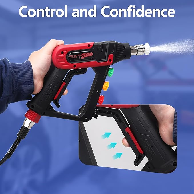 Short Pressure Washer Gun with Swivel, 5000 PSI Power Washer Gun, 3/8" Quick Connect, M22-14mm and M22-15mm Adapter, 5 Nozzle Tips, Trigger Lock for Car Wash and Cleaning