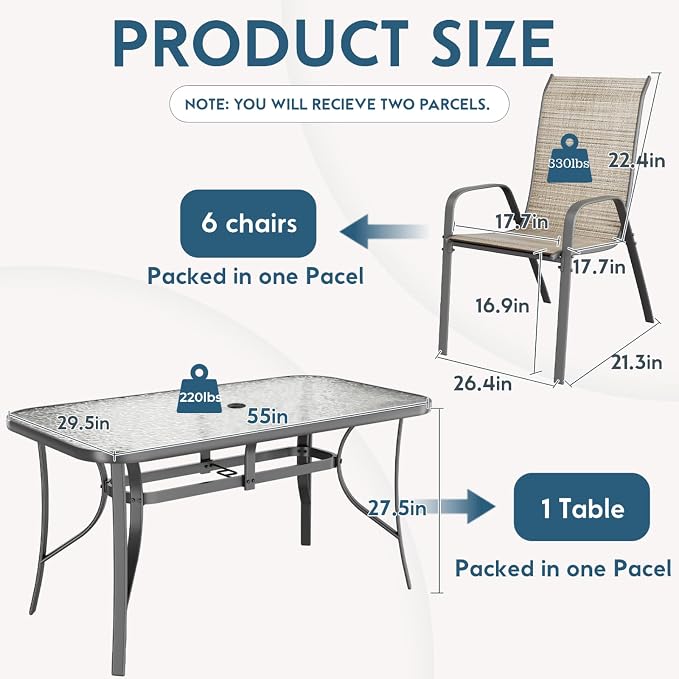 Arlopu 7-Piece Outdoor Table and Chairs for 6, Outdoor Dining Set W/Rectangle Glass Table and 6 Patio Textilene Stackable Chairs, Patio Furniture Set W/Umbrella Hole (Grey Table & Brown Chair)