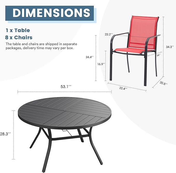 DIFY 9 Pieces Outdoor Patio Dining Set for 8, 53.1" Black Round Metal Dining Table and 8 Red Stackable Sling Dining Chairs, Outdoor Table and Chairs for Lawn Garden Backyard Deck