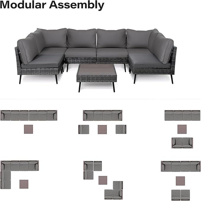 LAUSAINT HOME 7-Piece Patio Conversation Set, Modular Outdoor Sofa with Thick Cushions, All-Weather PE Rattan Sectional Seating for Garden, Backyard & Deck, Grey