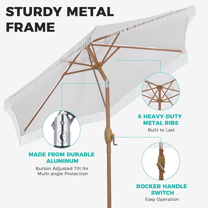 7.5ft Fringe Umbrella,Outdoor Market Umbrella with Push Button Tilt and Crack for Garden, Pool, Deck, Bistro,White