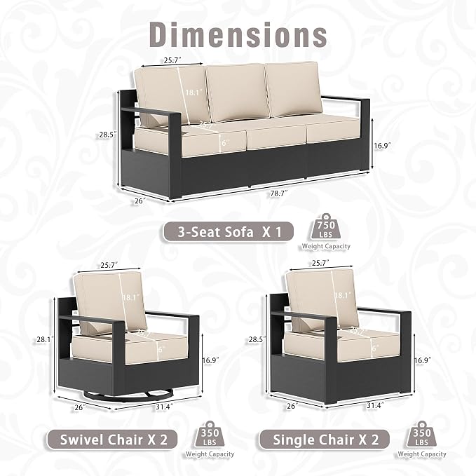 Outdoor Aluminum Furniture Set, 5-Piece Patio Conversation Set, 2 Swivel Chairs, 2 Chairs and 1 Sofa, All-Weather Metal Frame, 6" Thick Removable Cushions, Deep Setting for Garden and Porch