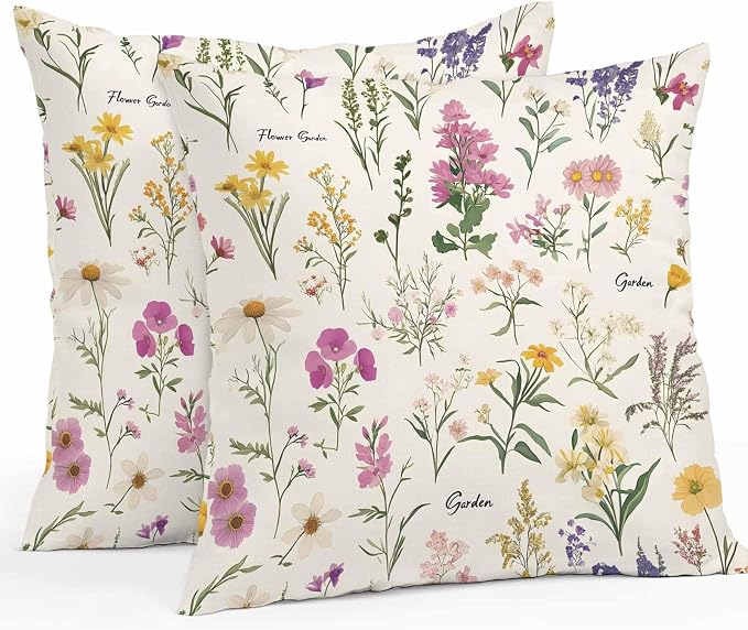 Wildflowers Outdoor Pillow Covers 16x16 Inch Throw Pillow Covers Set of 2 Waterproof Decorative Pillow Cases Blossoming Botanical Prints Garden Floral Cushion Covers for Patio Furniture Garden Couch