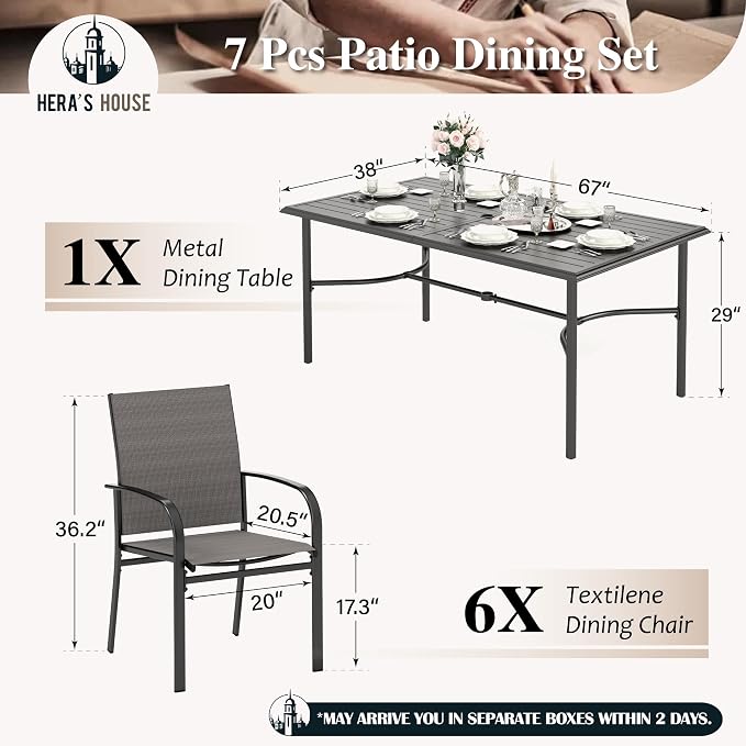 HERA'S HOUSE 7pc Outdoor Patio Dining Set, 6 Textilene Chairs, Brown | 67" rectangular metal table with umbrella hole. Waterproof, rust-resistant, all-weather for backyard, porch