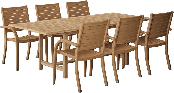 Urban Elements Mykonos 7-Piece Rectangular Patio Furniture Set | 100% Certified Teak Table and Teak Finish Stackable Chairs | Backyard Furniture, Rectangular Outdoor Dining Set