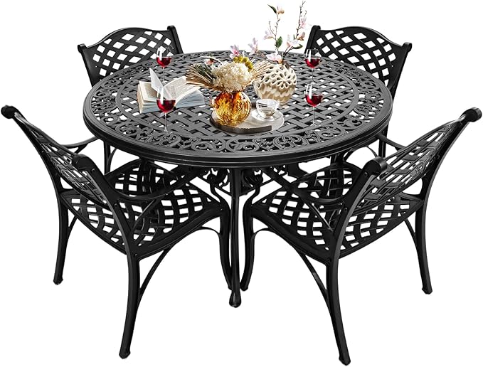 Patio Dinning Set Weather Resistant Cast Aluminum Patio Furniture Set with Umbrella Hole, Bistro Dining Set for Garden (48" x 48" Table B and 4 Chairs Black, 5 Pieces)