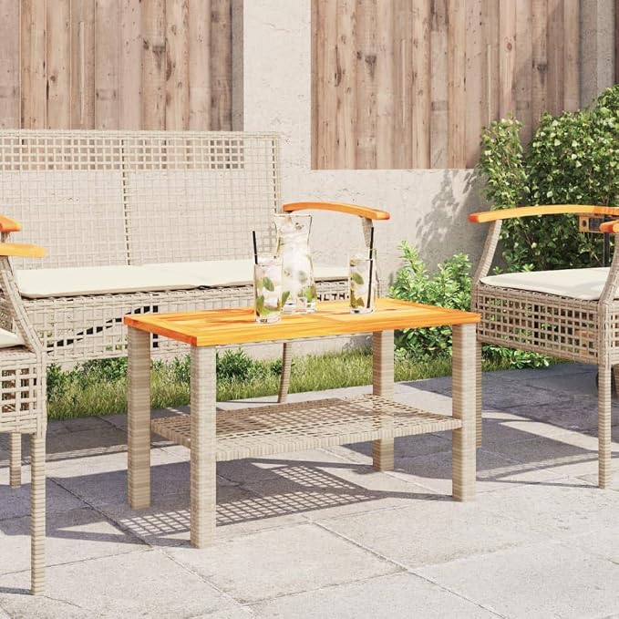 Outdoor Garden Table with Acacia Wood Top, 27.6x15x16.5 Inch Poly Rattan Patio Table, Powder-Coated Steel Frame for Backyard