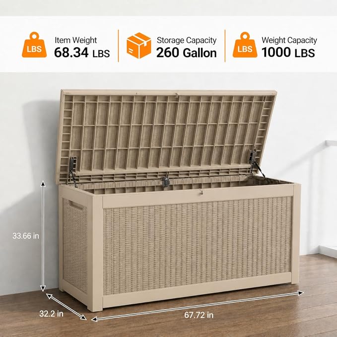 LAUSAINT HOME 260 Gallon XXXL Outdoor Deck Box, Waterproof Resin Storage Box Bench with Lock, Large Patio Cushion Storage, Garden Tool Organizer, Pool Storage Container, 3-Person Seat, Light Brown