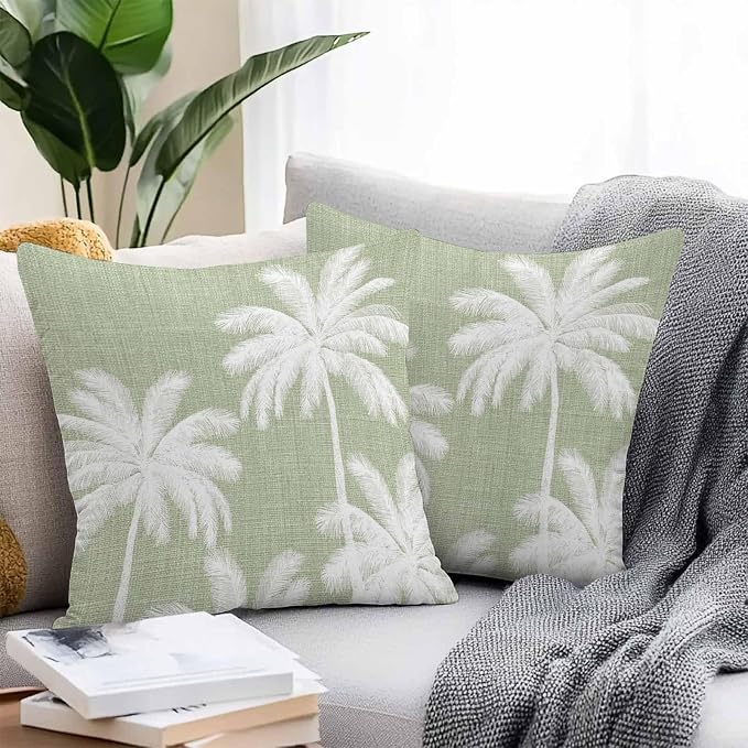 Outdoor Pillow Covers 20x20 Inch Set of 2, Sage Green Palm Trees Waterproof Throw Pillow Covers, Farmhouse Tropical Summer Beach Decorative Cushion Pillowcases for Couch, Sofa, Bed, Garden, Patio