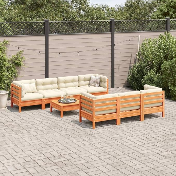 8 Piece Patio Sofa Set with Cushions, Front Porch Furniture Porch Furniture Set Sectional Sofa Patio Conversation Set for Exhibition Poolside Garden Piazza Wax Brown Solid Wood Pine