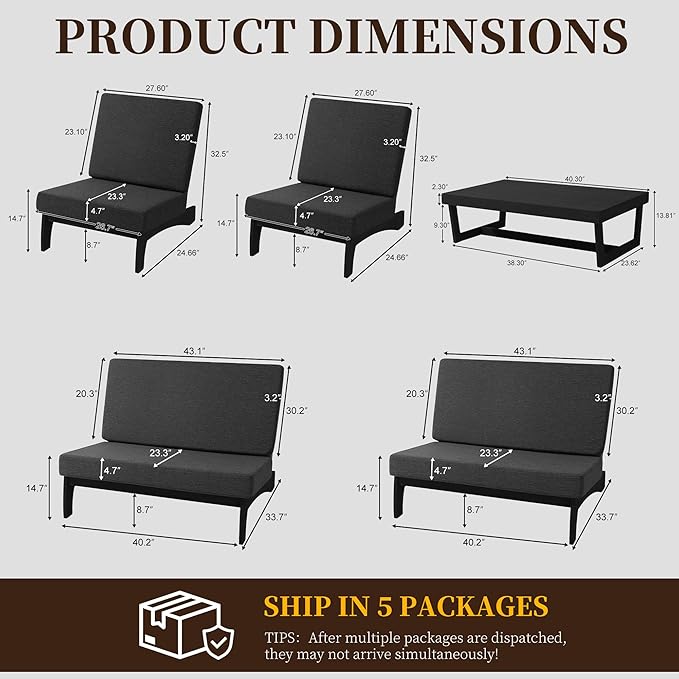 UIXE 5 Pieces Black Wood Patio Furniture Sets, 2 Patio Loveseat, 2 Patio Bistro Chair, All Weather Outdoor Sectional Sofa Furniture Backyard Conversation Set with Coffee Table - Dark Gray
