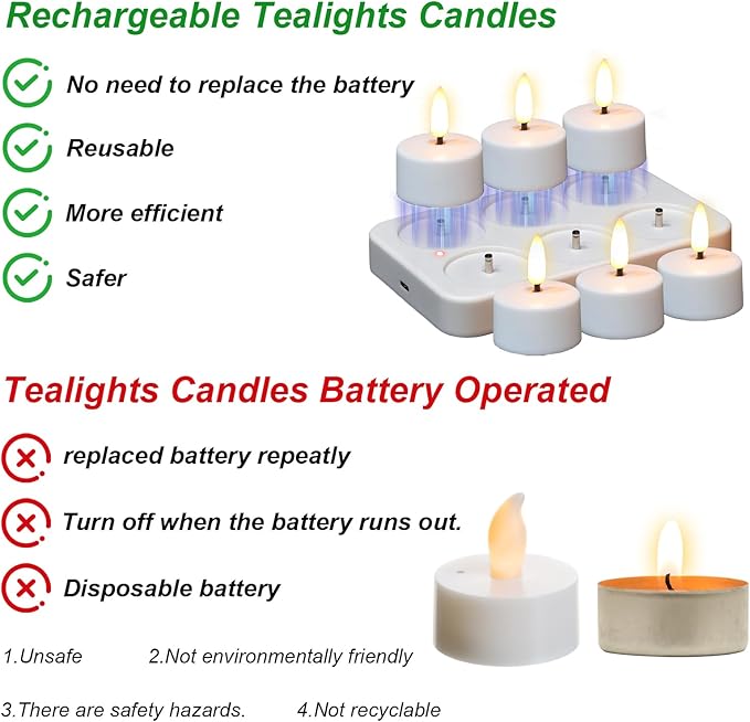 Rechargeable Tea Lights Candles with Remote Timer & Charging Base, 6pcs Battery Operated LED Candles Tea Lights Flameless for Halloween Decorations Wedding Home DecorΦ 1.57" H 1.85"